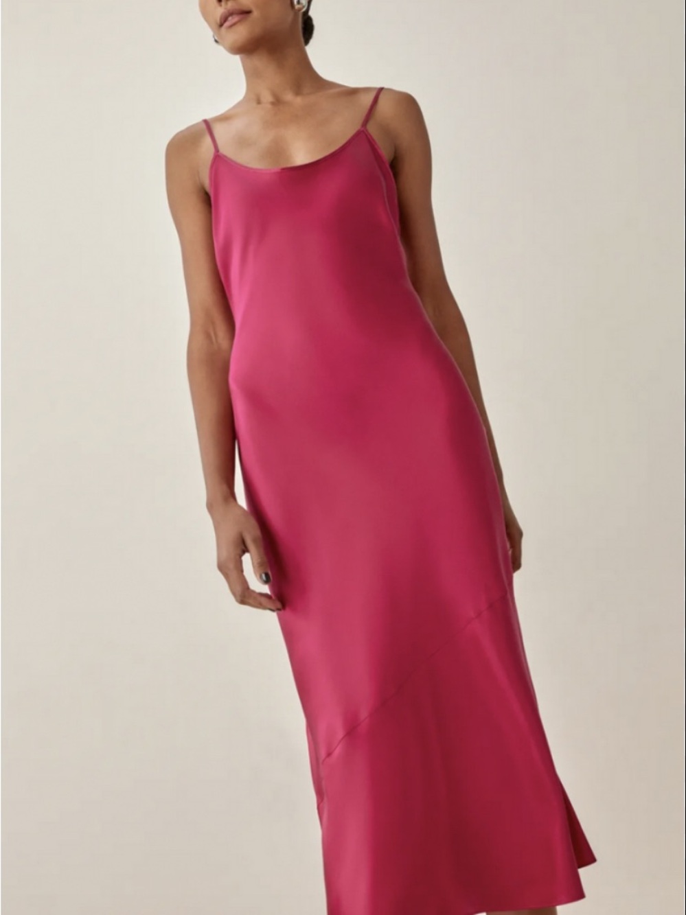 Line & Dot Satin Slip Midi Dress in Fuchsia Pink